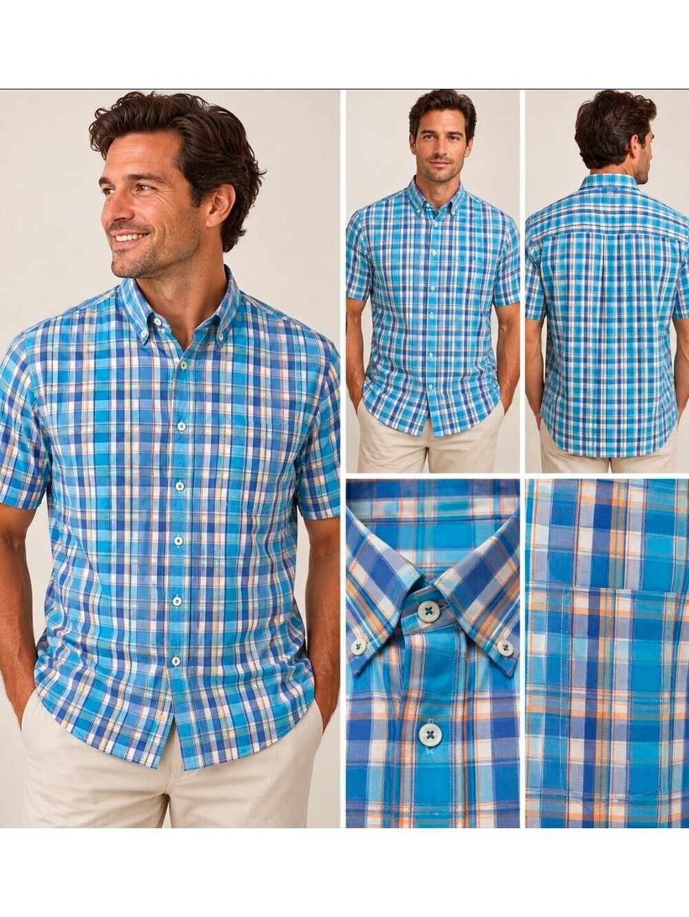 Peter Millar Mens Large Plaid Short Sleeve Button Down Shirt Blue Orange Cotton